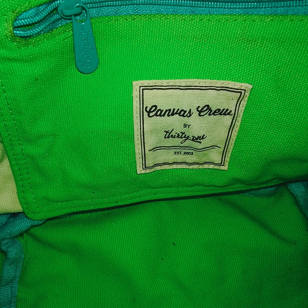 Thirty-One Canvas Crew Shoulder Bag Cream Lime Green Tote Handbag - Picture 7 of 8